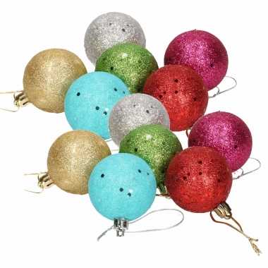 12x gekleurde glitter kerstballen van piepschuim 5 cm