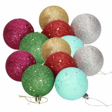 12x gekleurde glitter kerstballen van piepschuim 6 cm