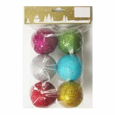 6x gekleurde glitter kerstballen van piepschuim 6 cm