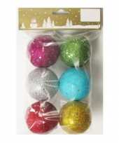 6x gekleurde glitter kerstballen van piepschuim 6 cm